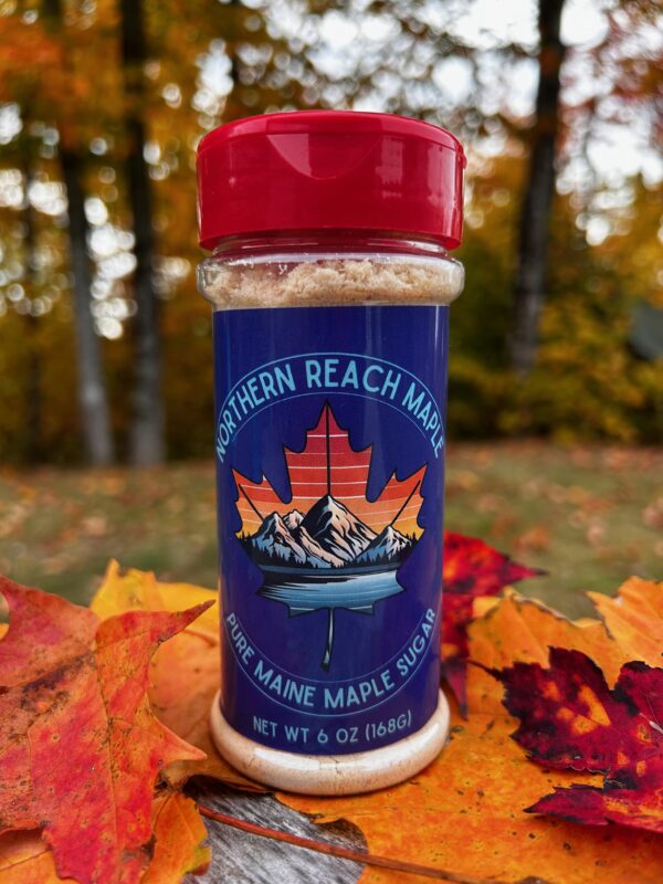A shaker of pure maine maple sugar among the autumn leaves in Northern Maine.
