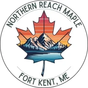 Northern Reach Maple Logo, a maple leaf outline with mountains and a lake inside of the leaf. Outside of the leaf, a circle with the text Northern Reach Maple, Fort Kent Maine.