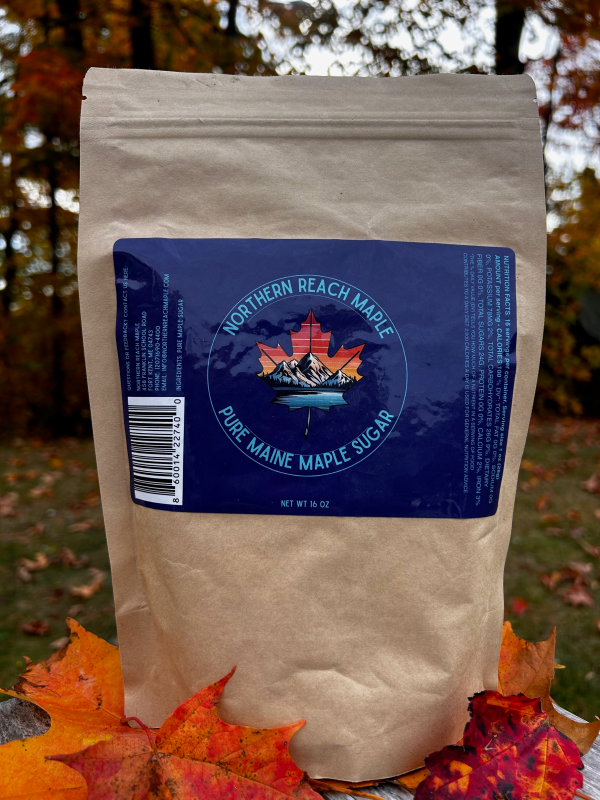 A 1 pound bag of pure maine maple sugar