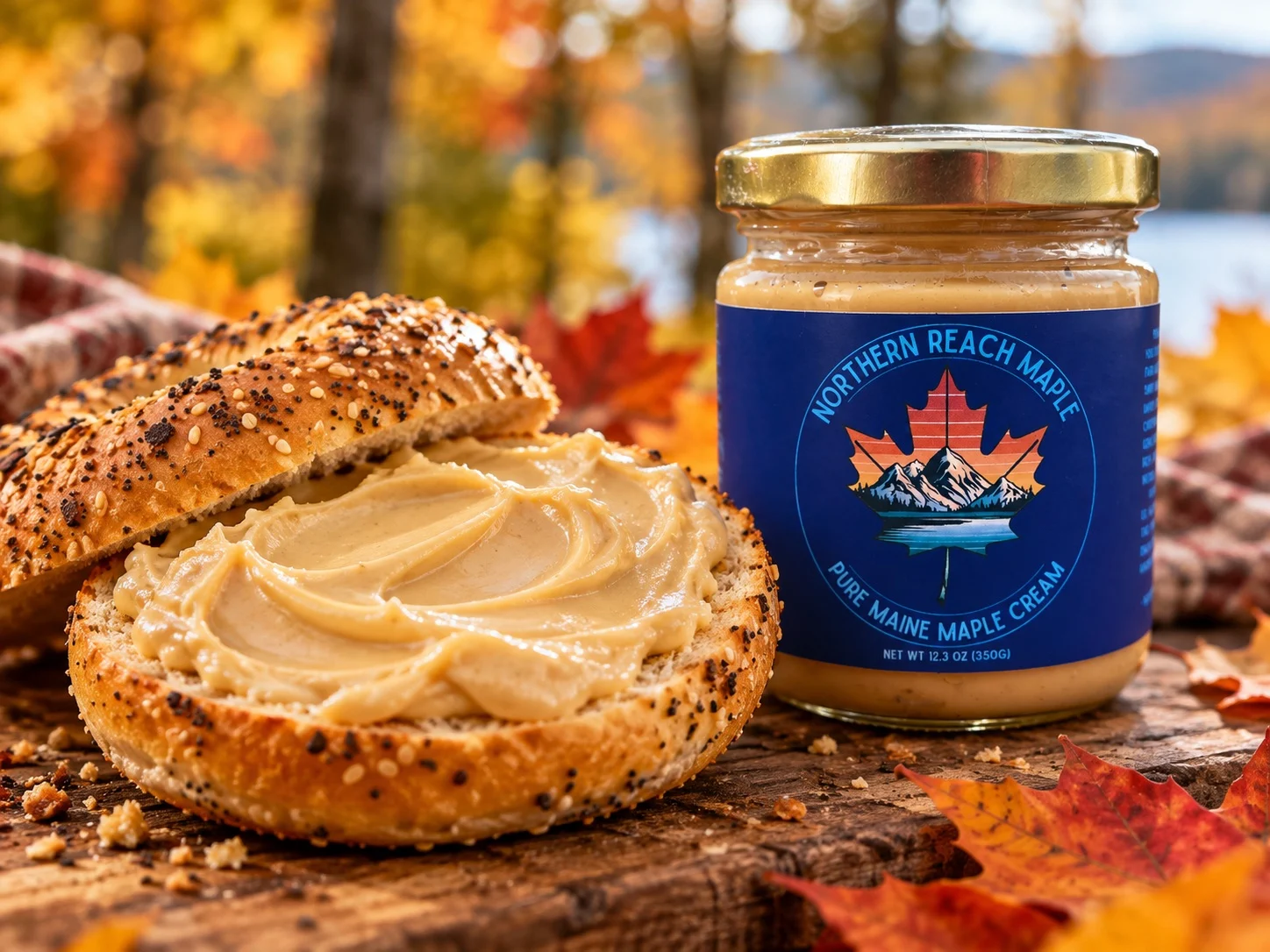 A toasted bagel with Northern Reach Maple cream spread across it.
