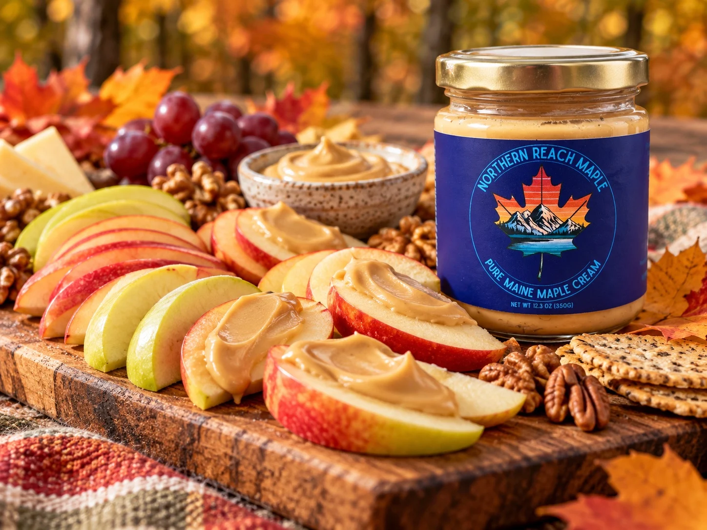 A charcuterie board featuring Northern Reach Maple Pure Maine Maple Cream