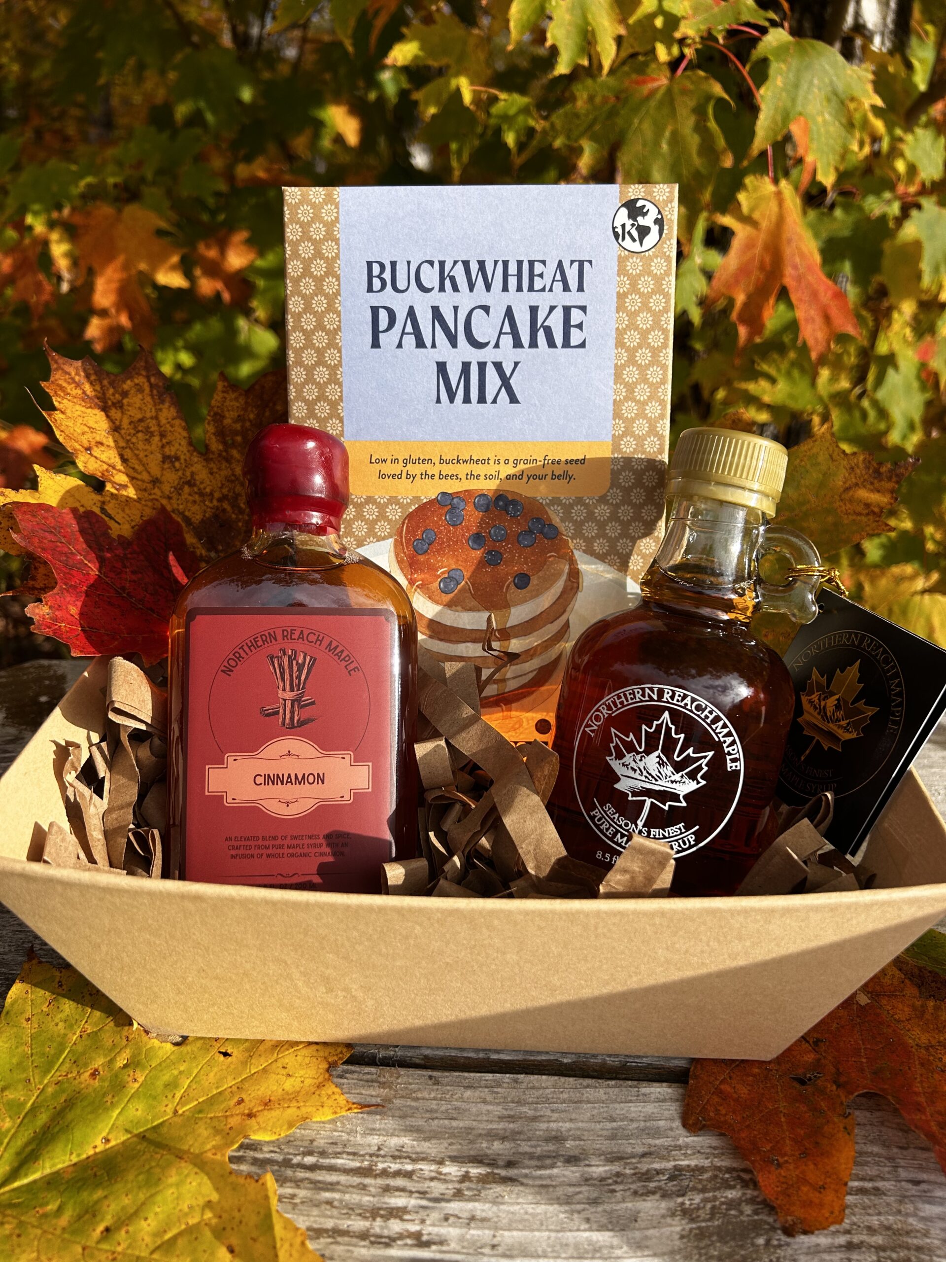 Breakfast Bundle Gift Basket with Season's Finest Pure Maine Maple Syrup, maple sugar, flavored maple syrup, and buckwheat pancake mix.
