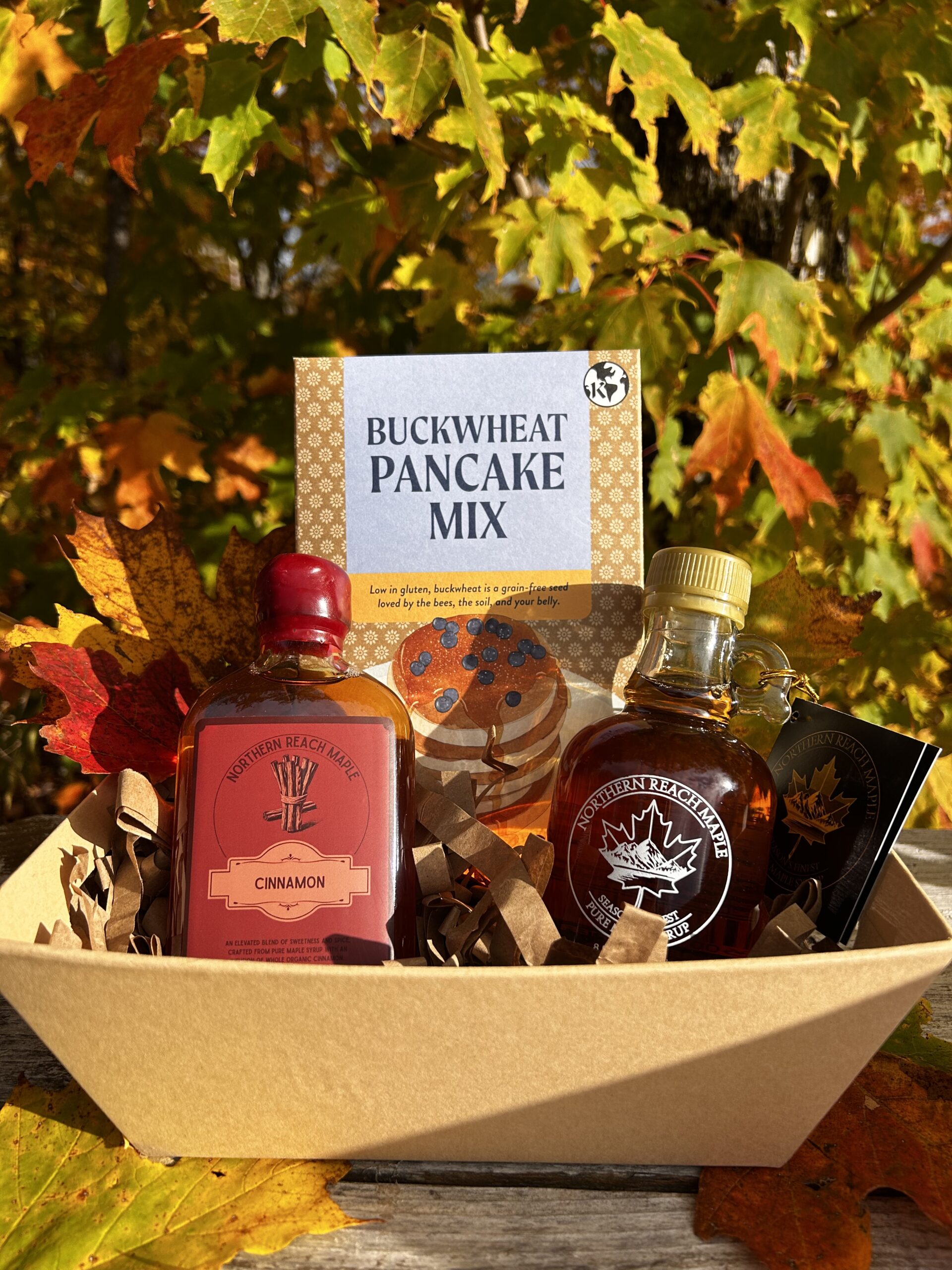 Breakfast Bundle Gift Basket with Season's Finest Pure Maine Maple Syrup, maple sugar, flavored maple syrup, and buckwheat pancake mix.