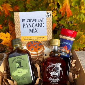 Breakfast Bundle Gift Basket with Season's Finest Pure Maine Maple Syrup, maple sugar, flavored maple syrup, and buckwheat pancake mix.