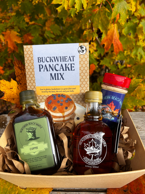 Breakfast Bundle Gift Basket with Season's Finest Pure Maine Maple Syrup, maple sugar, flavored maple syrup, and buckwheat pancake mix.