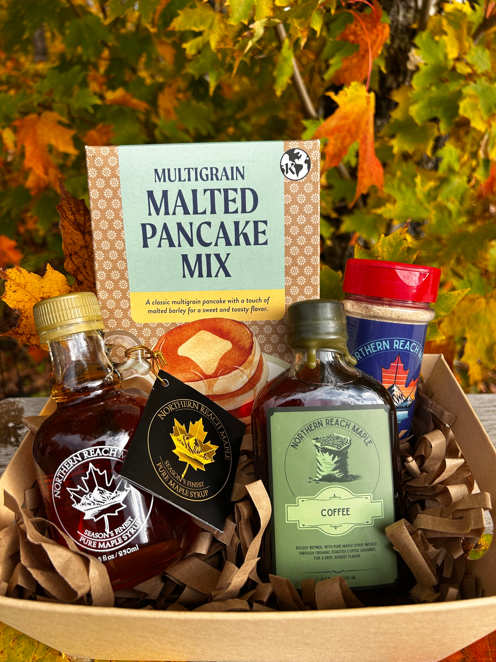 Breakfast Bundle Gift Basket with Season's Finest Pure Maine Maple Syrup, maple sugar, flavored maple syrup, and buckwheat pancake mix.