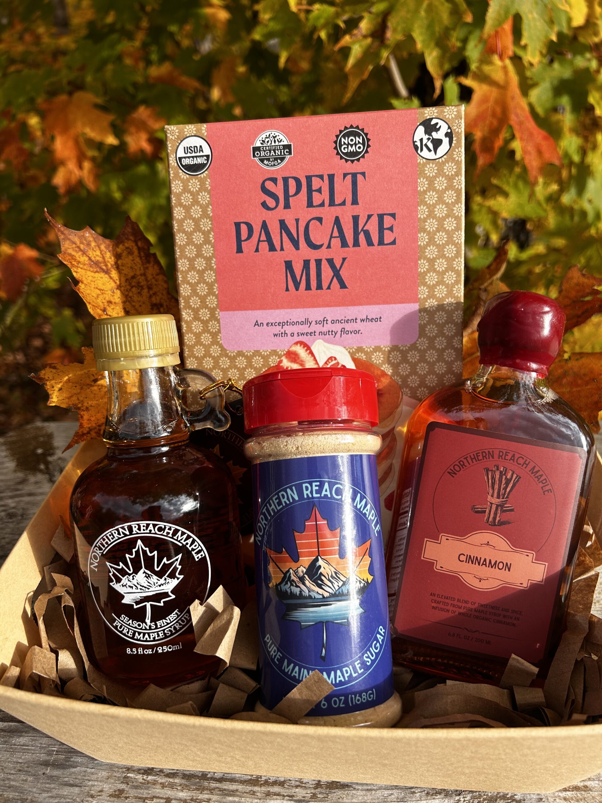 Breakfast Bundle Gift Basket with Season's Finest Pure Maine Maple Syrup, maple sugar, flavored maple syrup, and buckwheat pancake mix.
