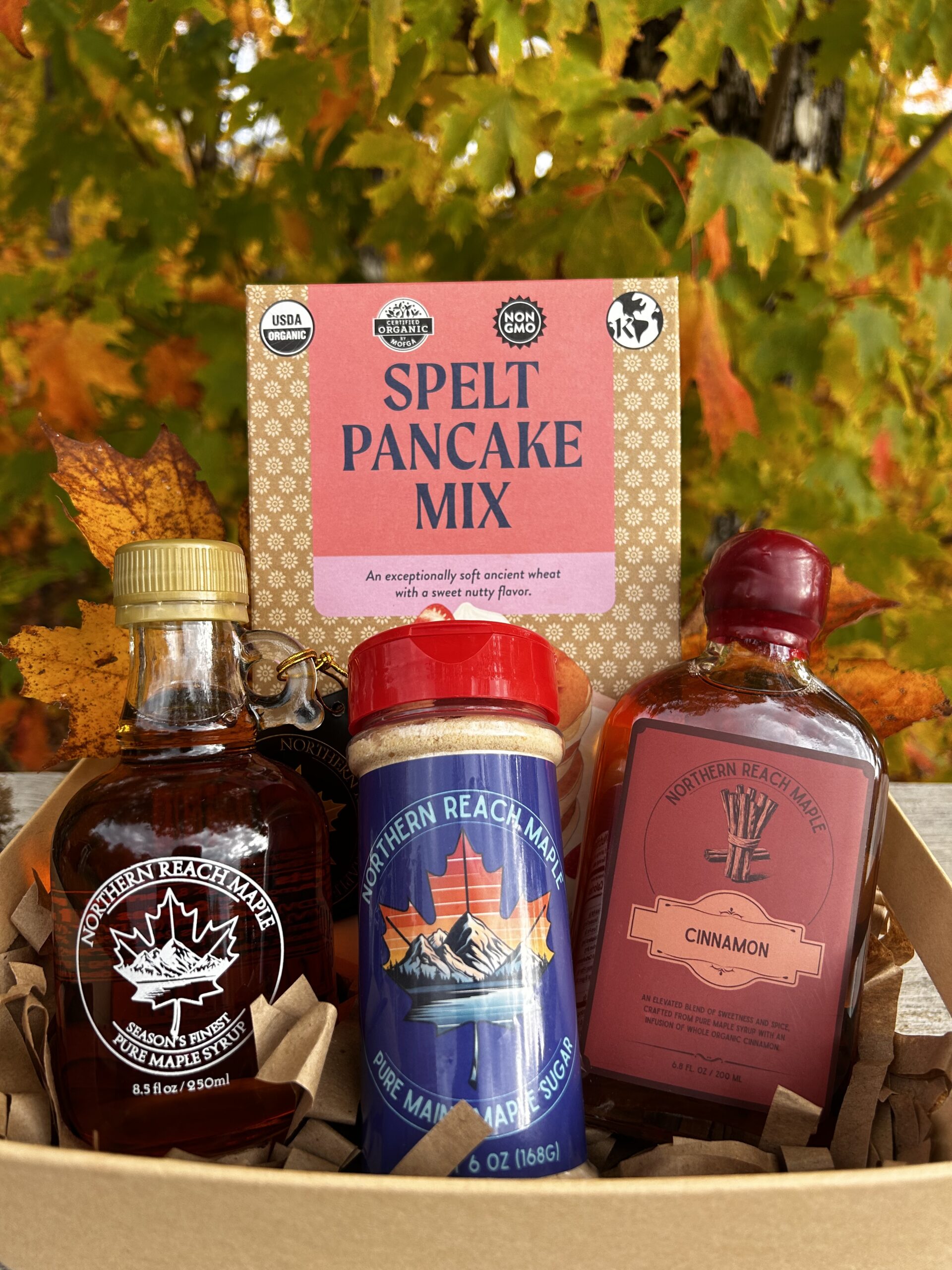 Breakfast Bundle Gift Basket with Season's Finest Pure Maine Maple Syrup, maple sugar, flavored maple syrup, and spelt pancake mix.