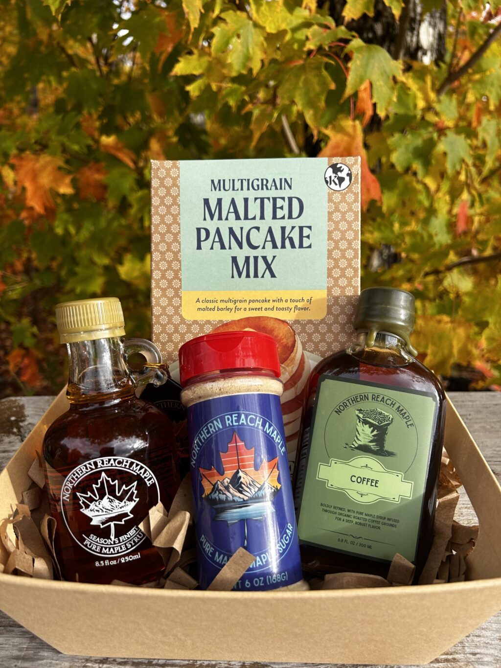 Breakfast Bundle Gift Basket with Season's Finest Pure Maine Maple Syrup, maple sugar, flavored maple syrup, and buckwheat pancake mix.
