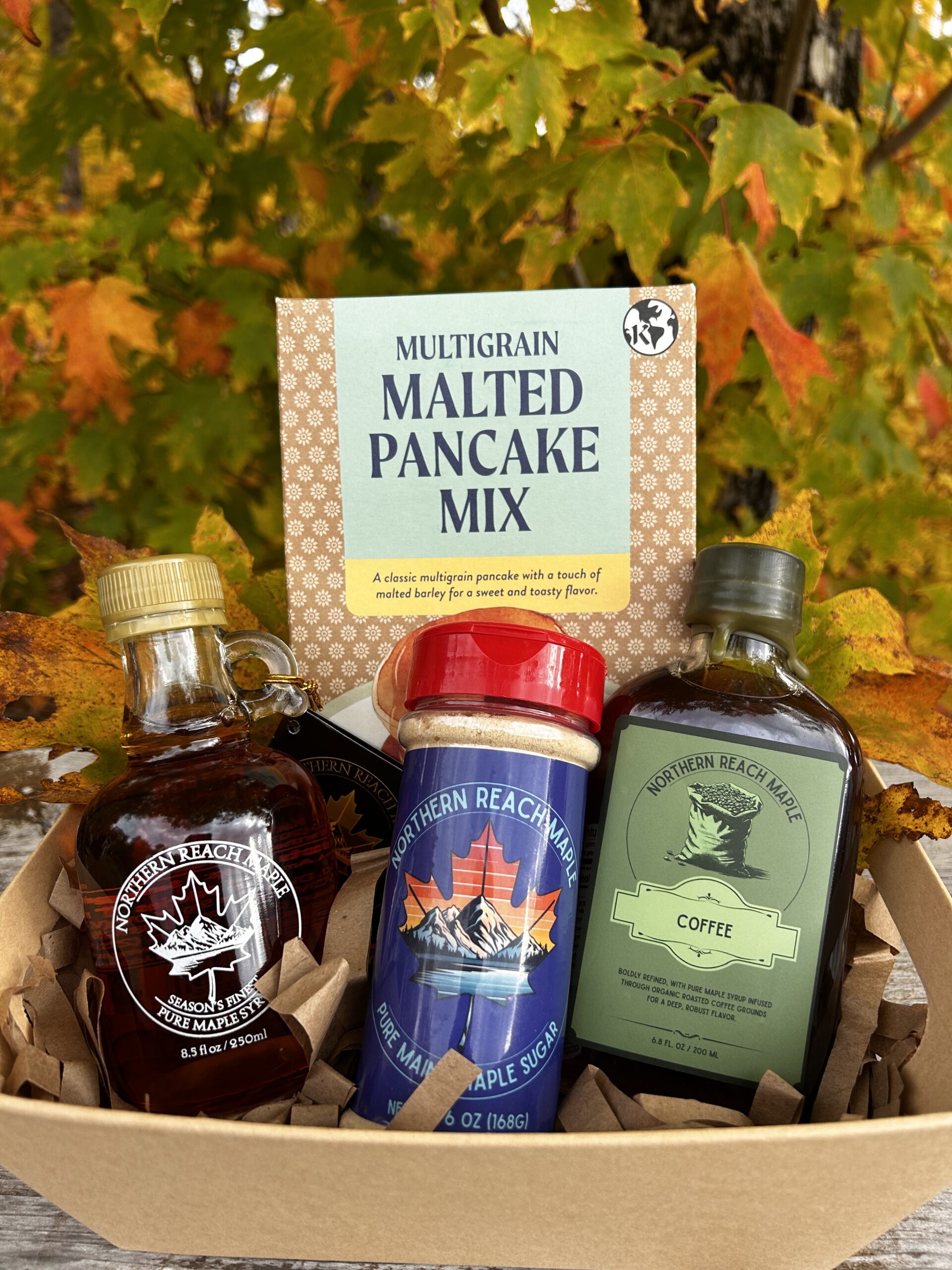 Breakfast Bundle Gift Basket with Season's Finest Pure Maine Maple Syrup, maple sugar, flavored maple syrup, and malted pancake mix.