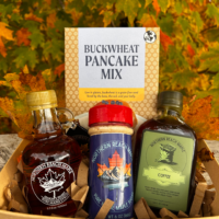 Breakfast Bundle Gift Basket with Season's Finest Pure Maine Maple Syrup, maple sugar, flavored maple syrup, and buckwheat pancake mix.
