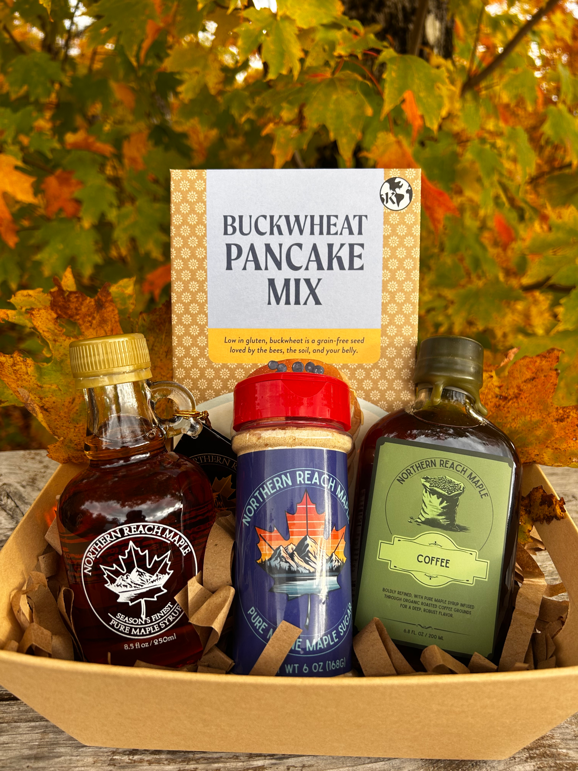 Breakfast Bundle Gift Basket with Season's Finest Pure Maine Maple Syrup, maple sugar, flavored maple syrup, and buckwheat pancake mix.