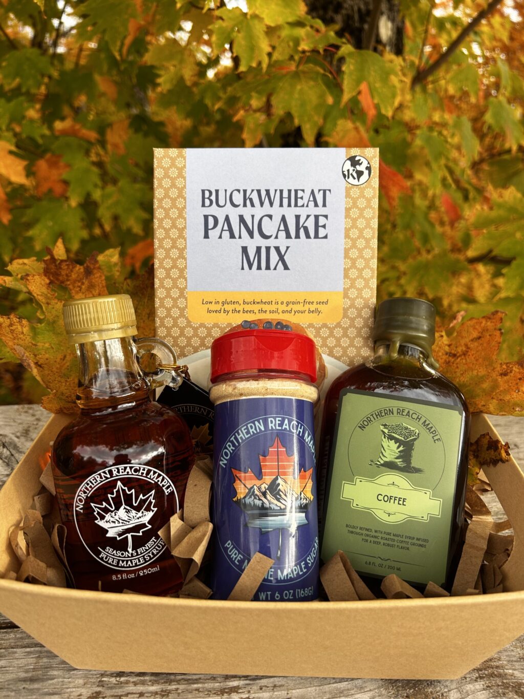 Breakfast Bundle Gift Basket with Season's Finest Pure Maine Maple Syrup, maple sugar, flavored maple syrup, and buckwheat pancake mix.