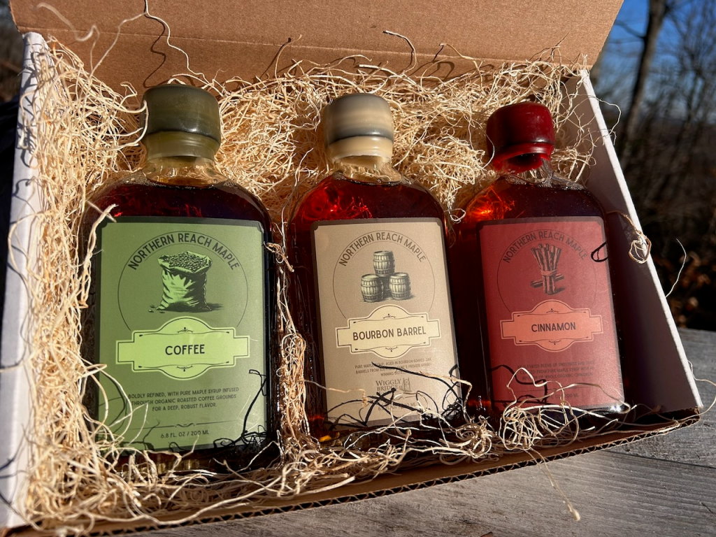 Barrel, Bean, and Bark Trio of flavor infused maple syrups consisting of coffee, cinnamon and bourbon barrel maple syrups.
