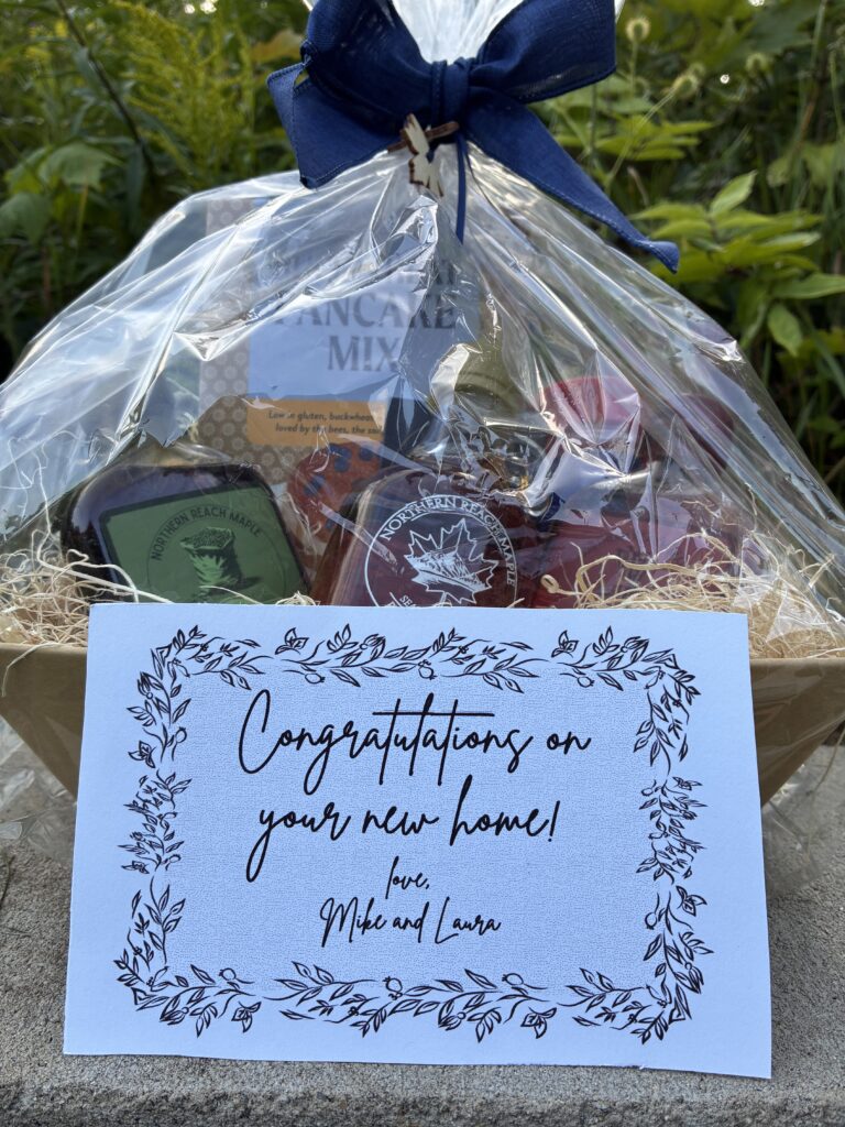 Customizable Northern Reach Maple Breakfast Gift Basket pictured with a gift note on front.