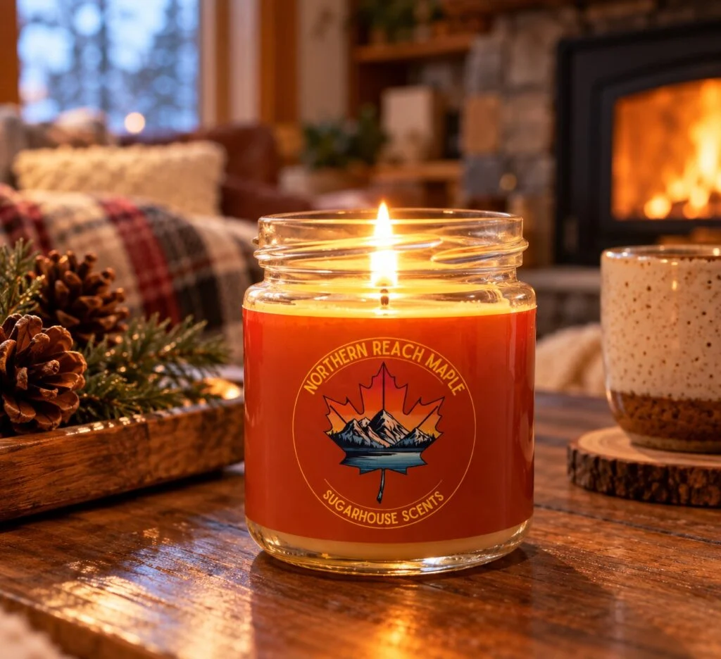 A maple scented candle lit for a cozy evening at home