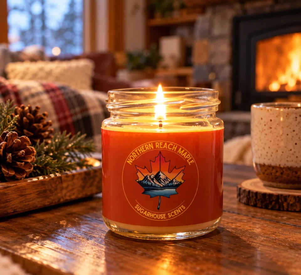 A maple scented candle lit for a cozy evening at home