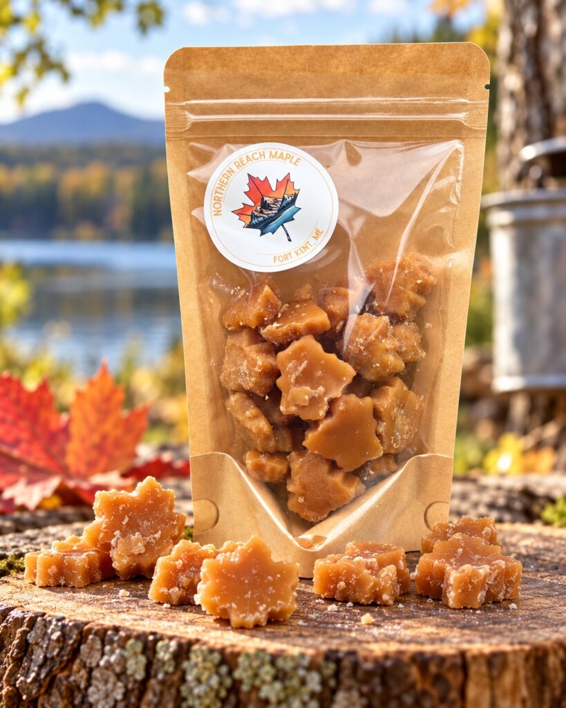 A bag of Creamy Maine Maple candies on a stump with a lake in the background