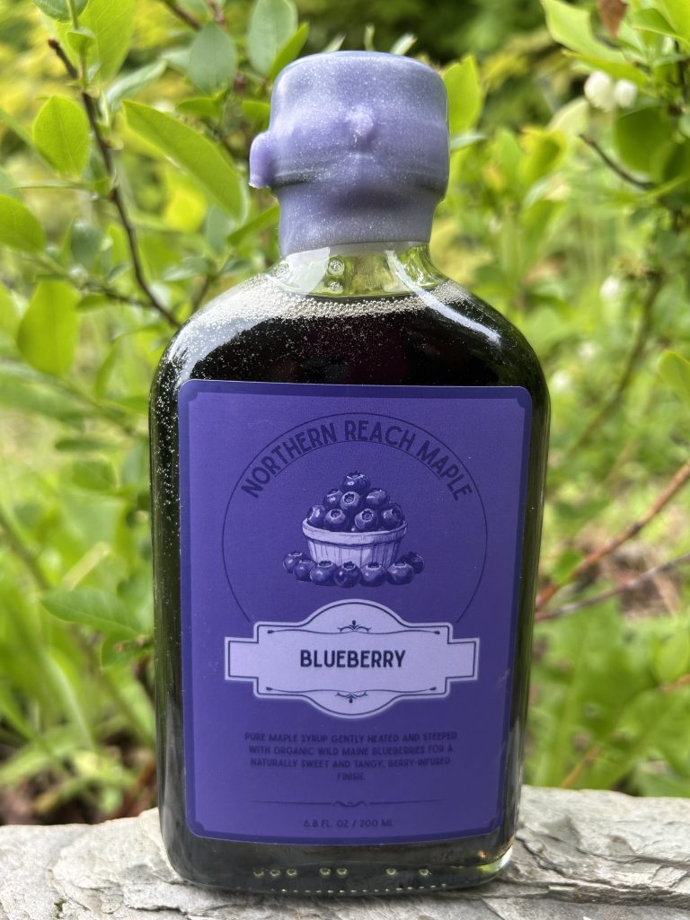 A bottle of blueberry infused maple syrup on a rock in front of a blueberry bush.
