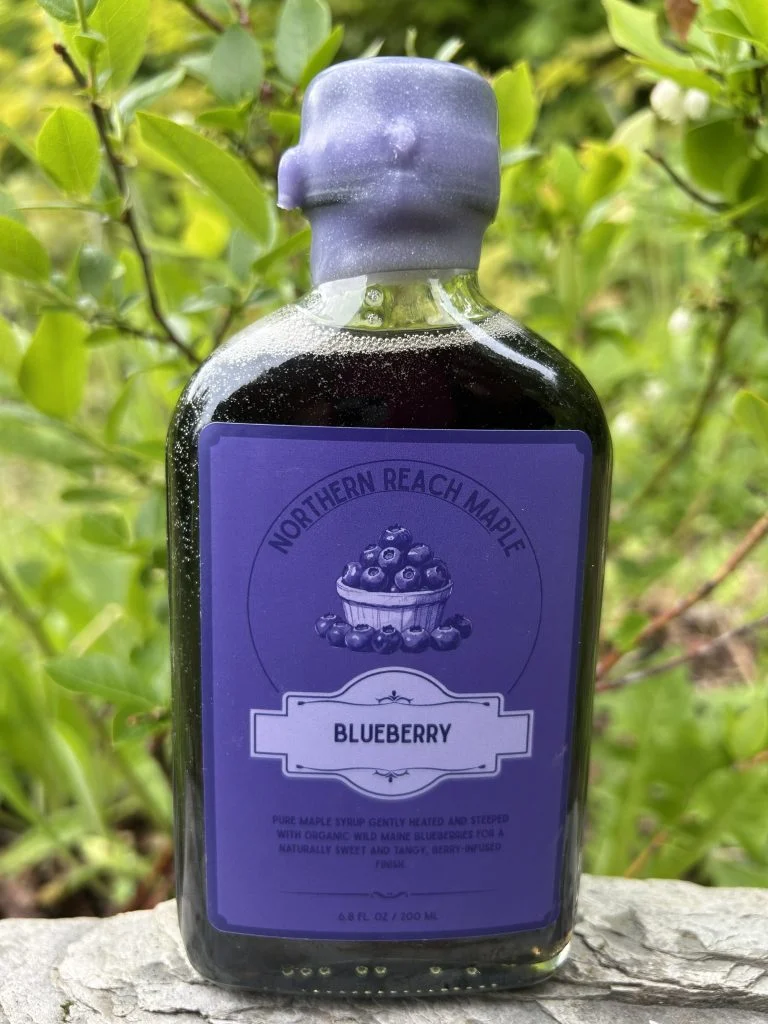A bottle of blueberry infused maple syrup on a rock in front of a blueberry bush.