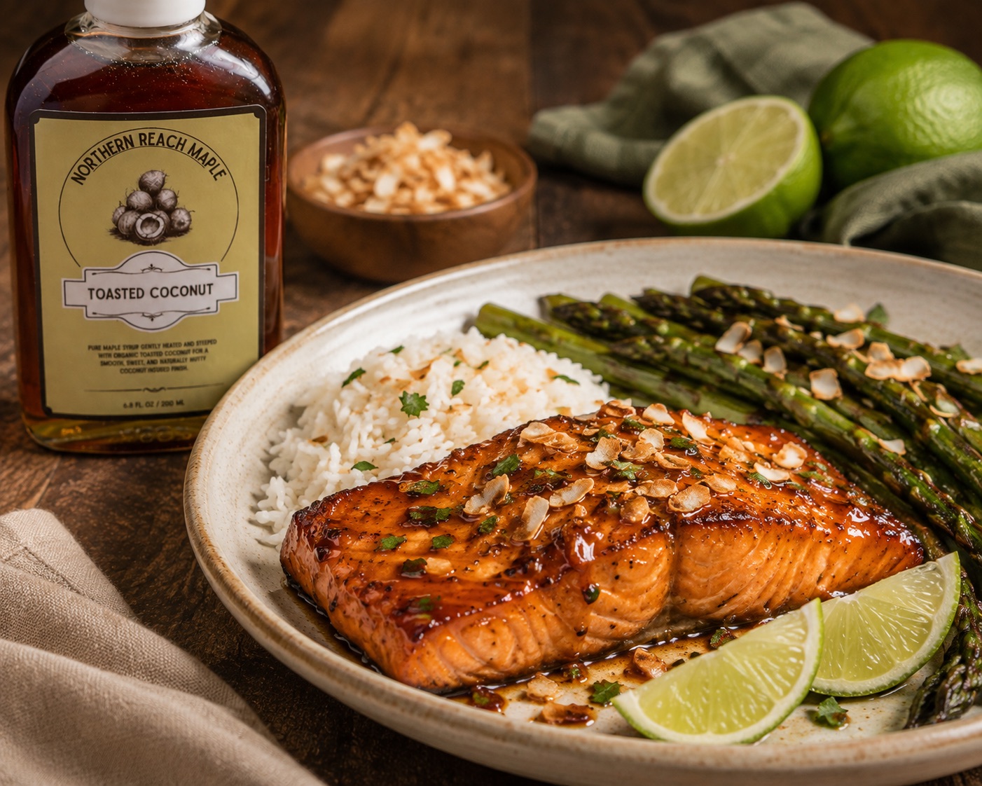 coconut maple salmon shown beside toasted coconut maple syrup