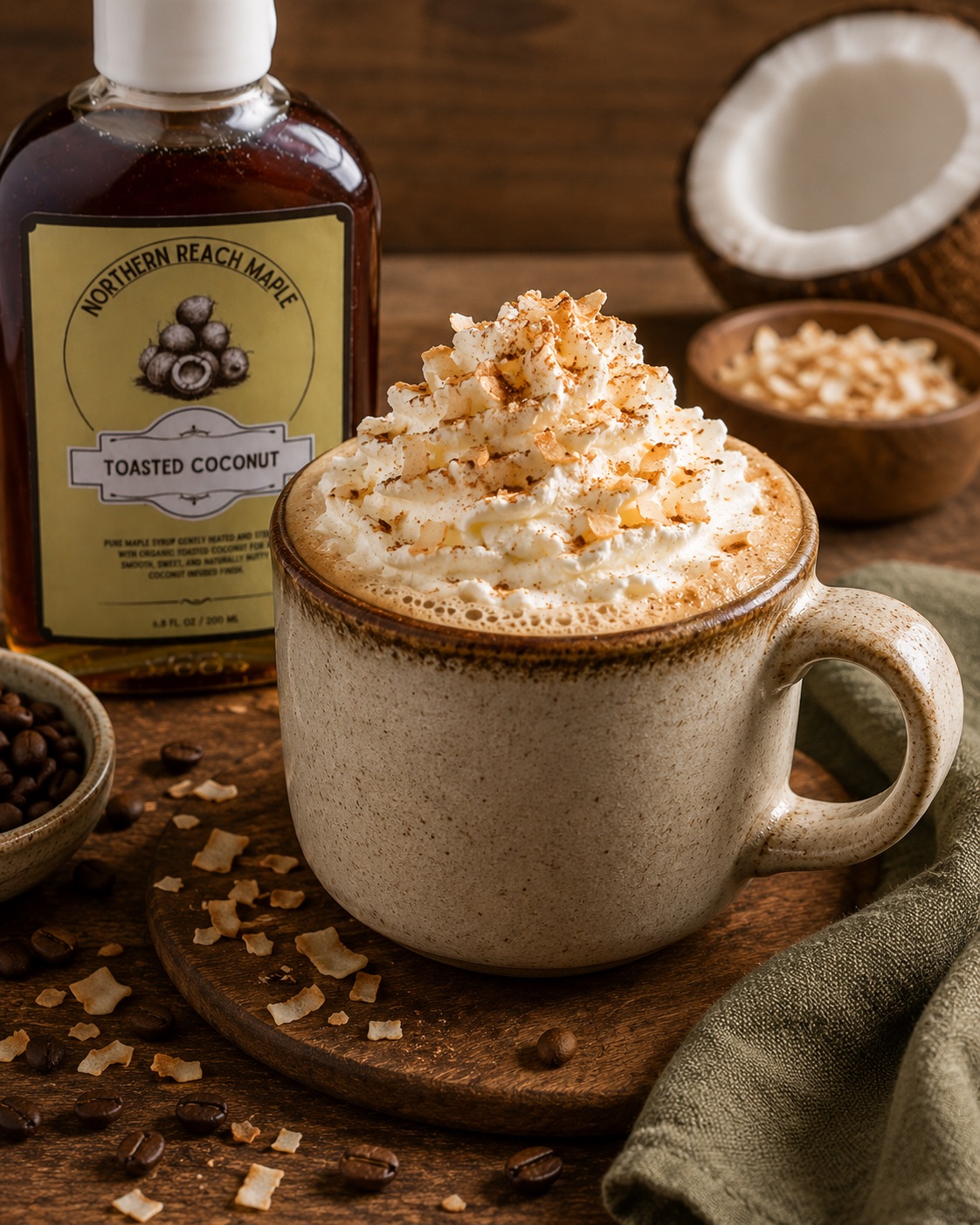 a coconut maple latte shown topped with whipped cream beside some toasted coconut maple syrup