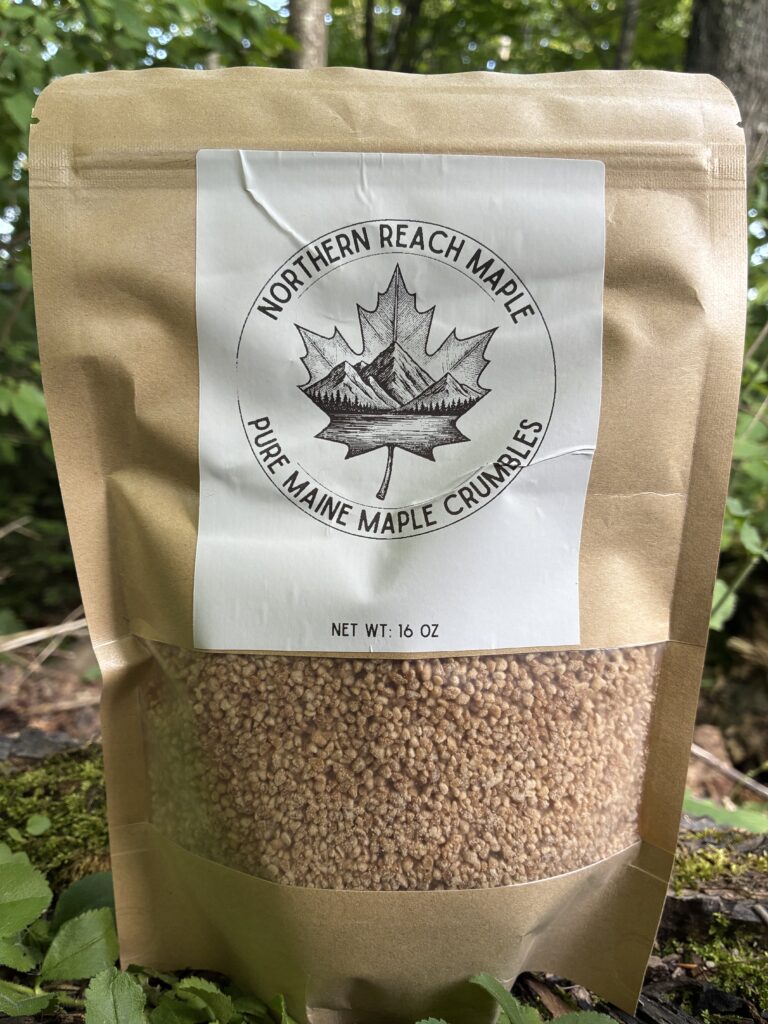Maple crumbles pictured in a 1 lb heat-sealed bag.