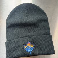 A picture of the Sugarshack beanie knit cap laying on top of stainless steel.