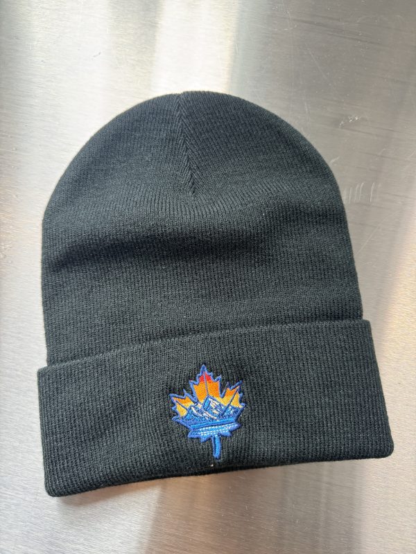 A picture of the Sugarshack beanie knit cap laying on top of stainless steel.