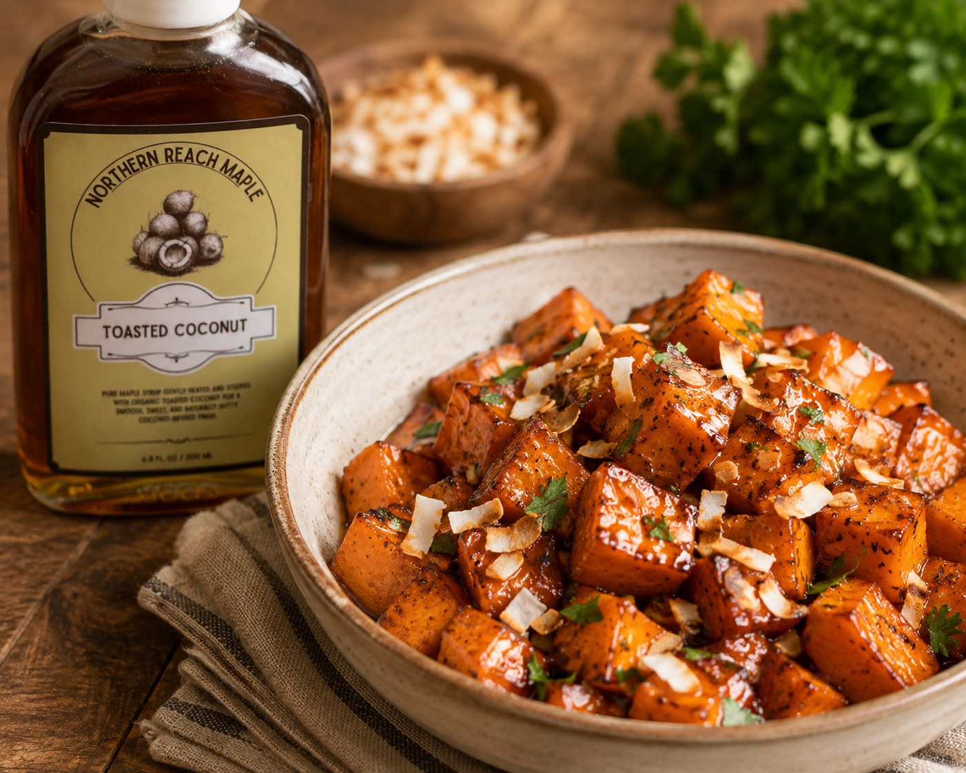 maple coconut sweet potatoes shown beside toasted coconut maple syrup