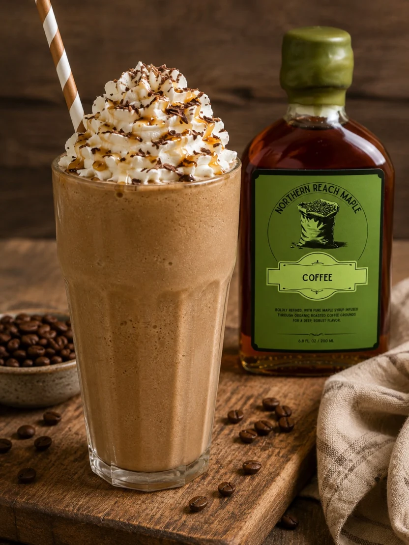a coffee maple milkshake shown with coffee infused maple syrup behind it