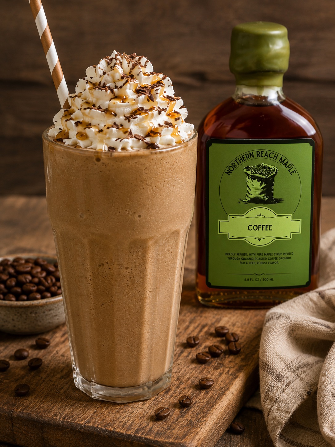 a coffee maple milkshake shown with coffee infused maple syrup behind it