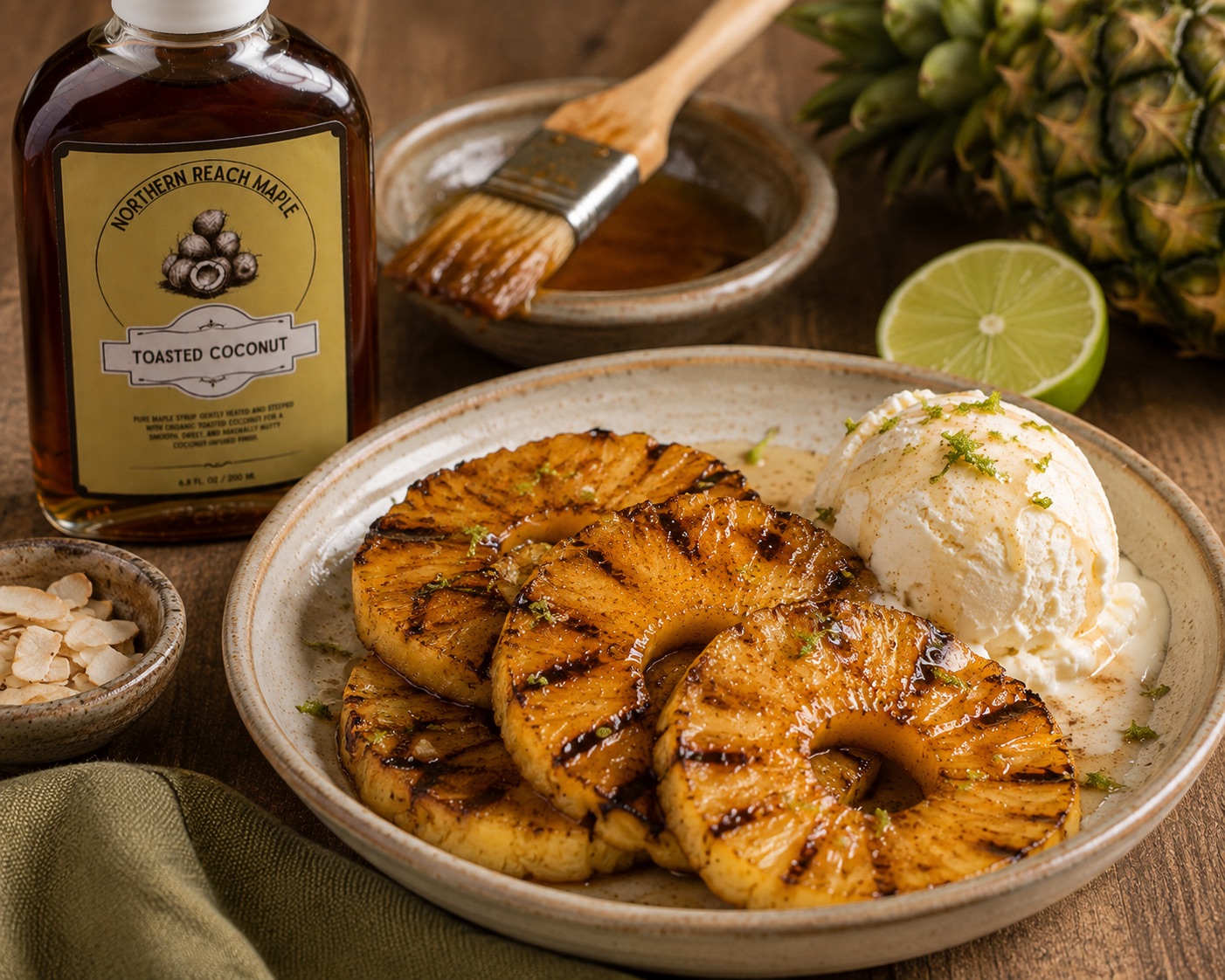 grilled pineapple slices shown served beside some toasted coconut infused maple syrup