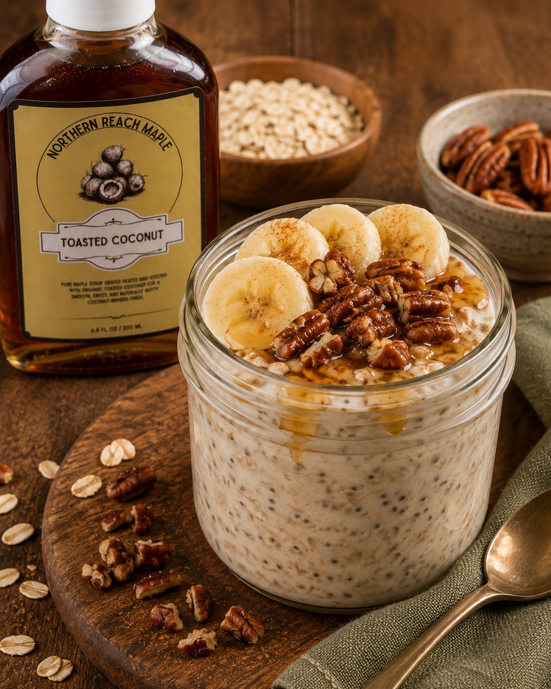 overnight oats pictured with toasted coconut infused maple syrup