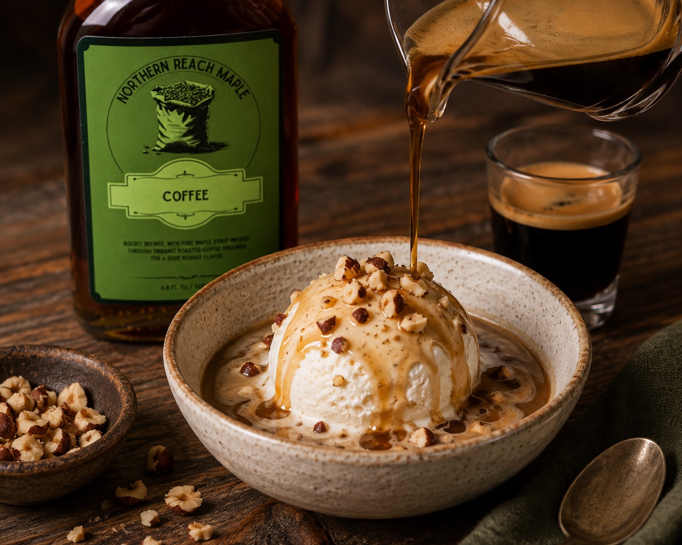 vanilla ice cream shown with espresso and coffee infused maple syrup being poured over the top