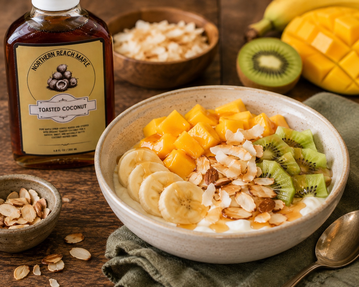 toasted coconut maple syrup shown beside a tropical yogurt bowl featuring mango, greek yogurt and other tropical fruits