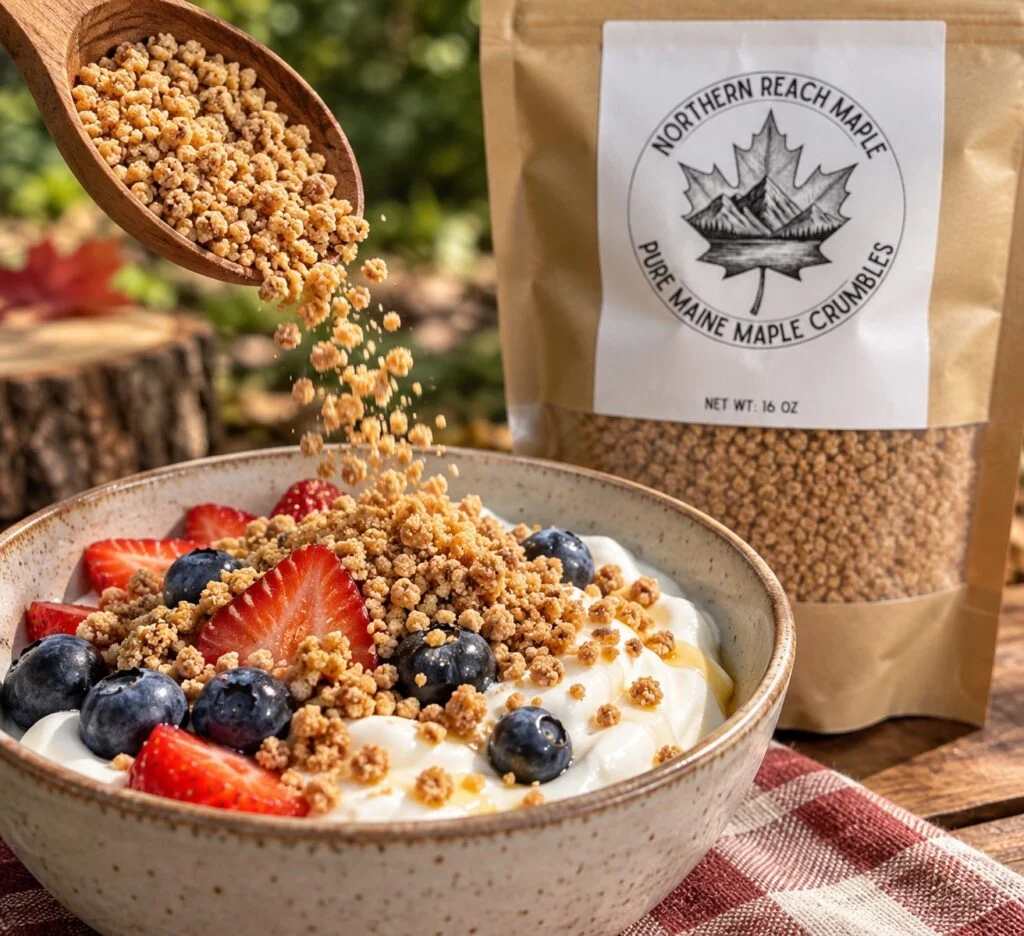 Pure Maine Maple Crumbles being added to a bowl of greek yogurt