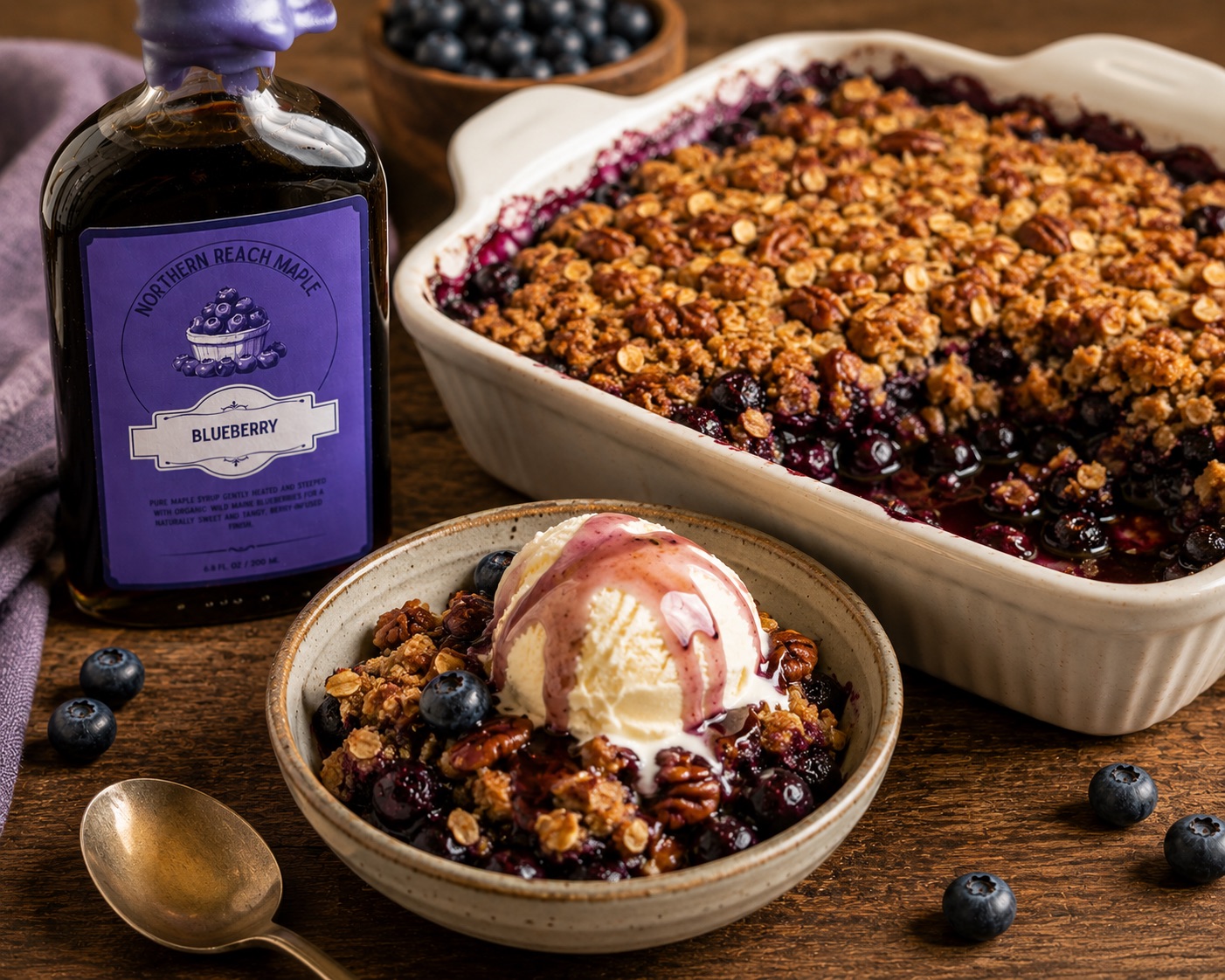 blueberry maple crisp shown beside some blueberry infused maple syrup