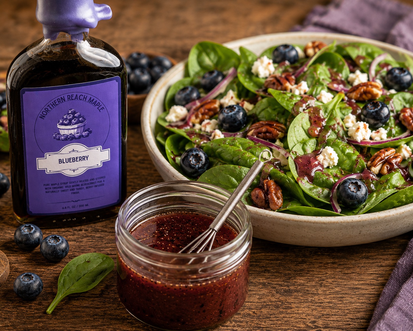blueberry maple vinaigrette made with blueberry infused maple syrup beside some salad