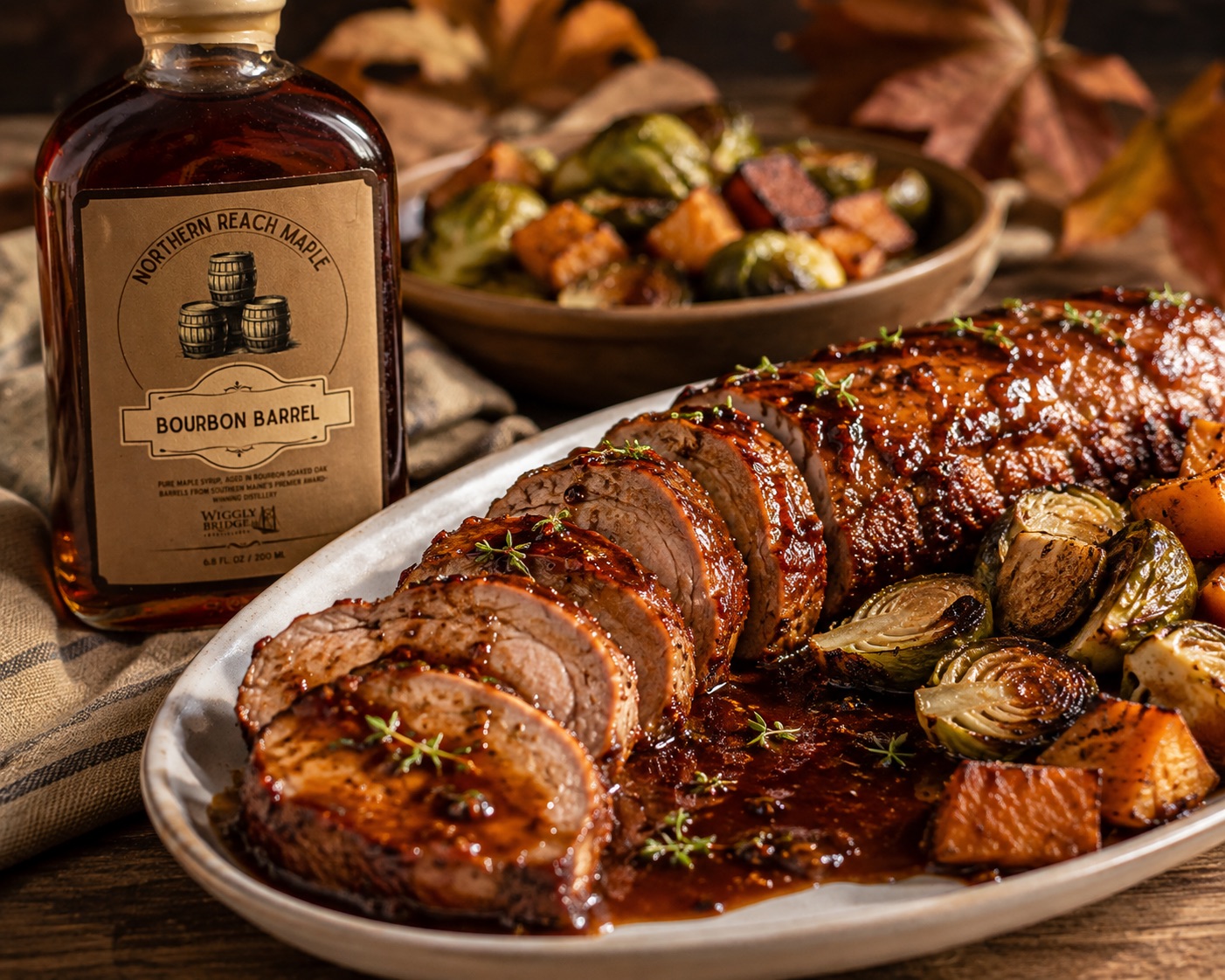 Roast pork tenderloin plated with a bourbon barrel aged maple syrup glaze.