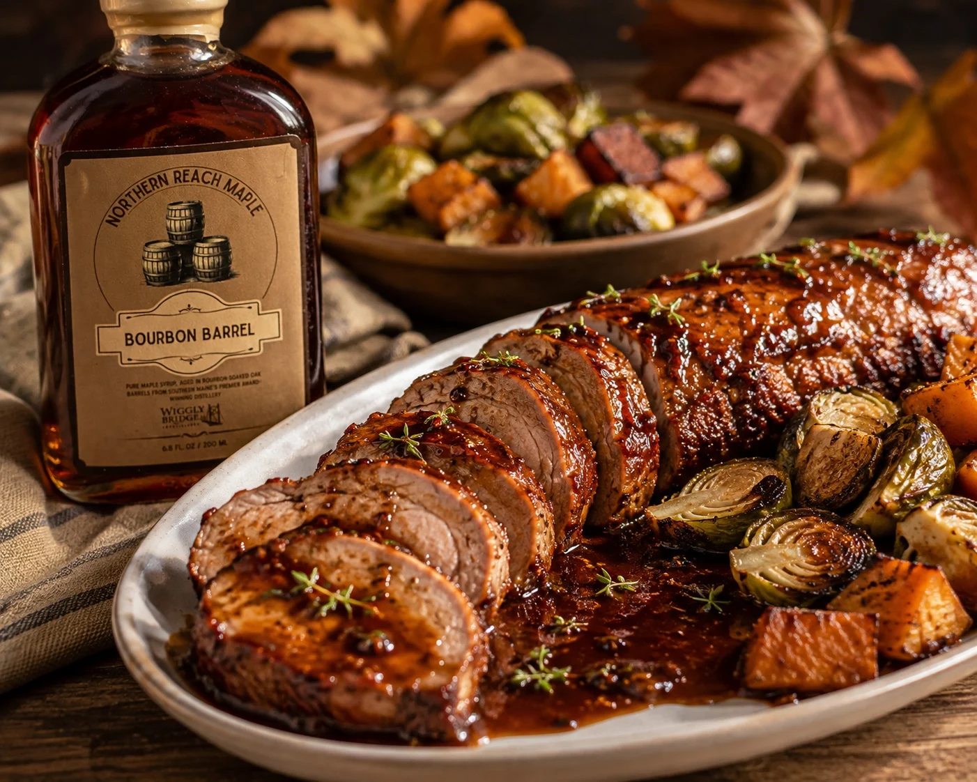 Roast pork tenderloin plated with a bourbon barrel aged maple syrup glaze.