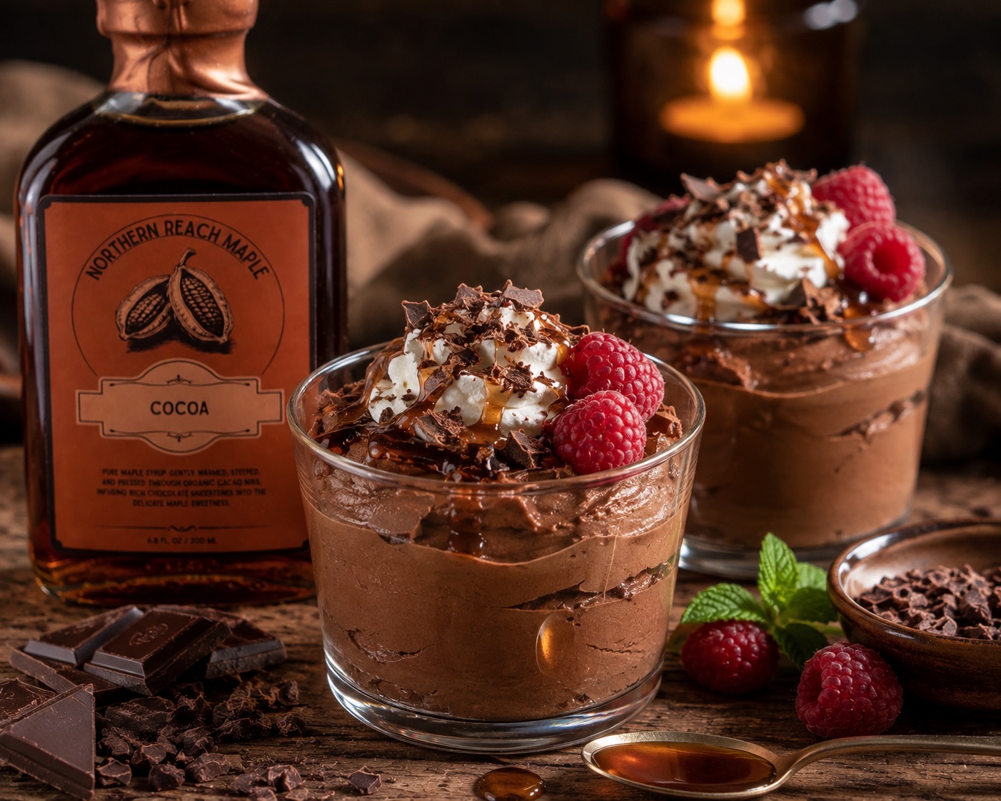 cocoa infused maple moose pictured in serving glasses with cocoa infused maple syrup behind it.