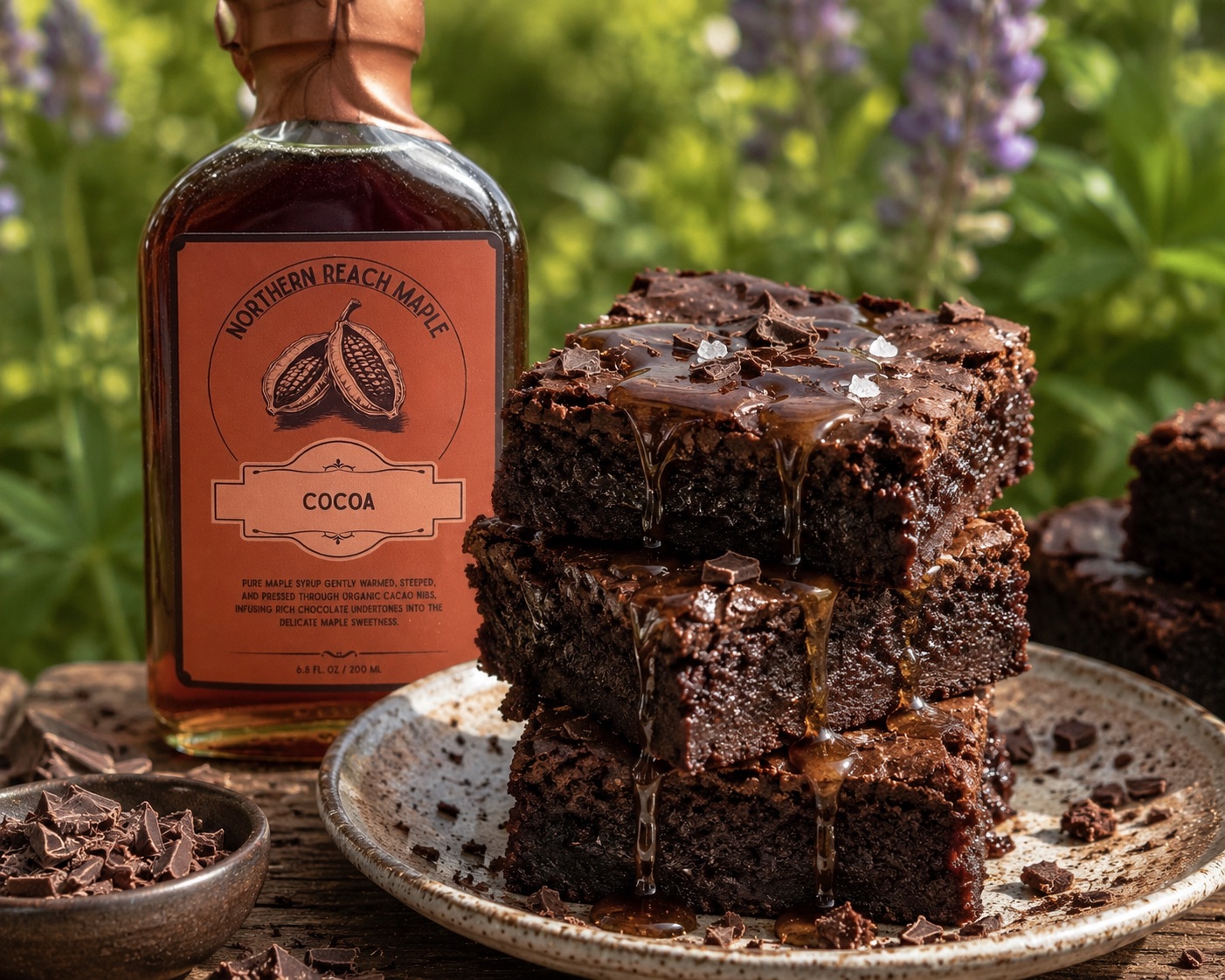 Double-chocolate Maple Brownies pictured in front of Cocoa Infused Maple Syrup