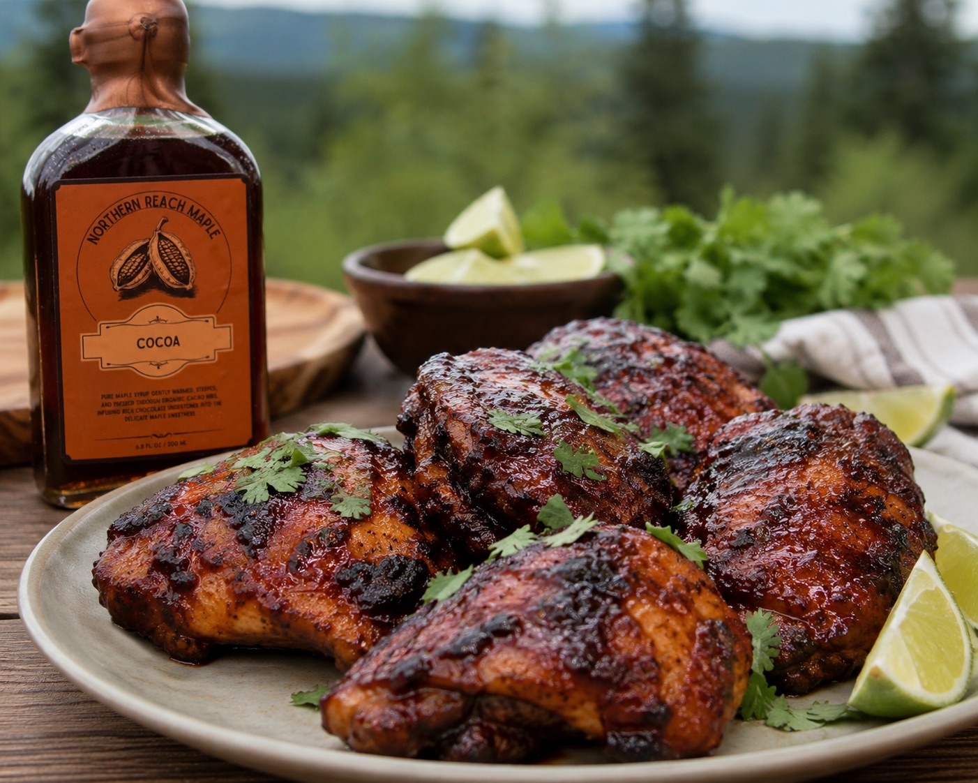 Maple Chicken Thighs glazed with Cocoa Infused Maple Syrup