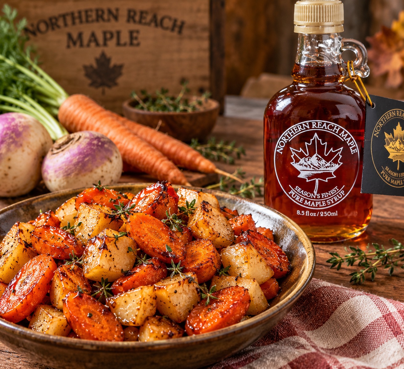 A plate of maple candied turnips and carrots next to a bottle of Northern Reach Maple Season's Finest Pure Maine Maple Syrup.