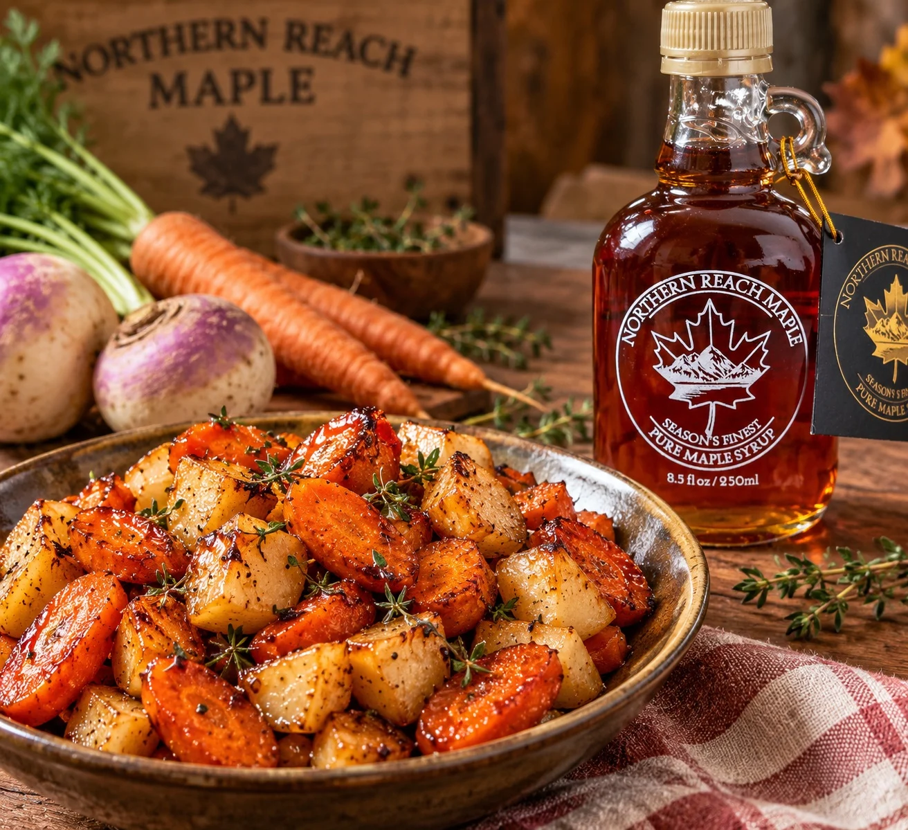 A plate of maple candied turnips and carrots next to a bottle of Northern Reach Maple Season's Finest Pure Maine Maple Syrup.