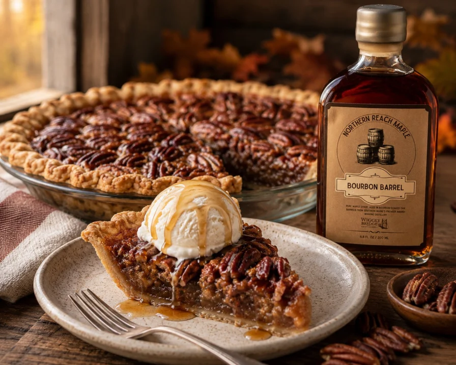 Bourbon Barrel Maple Pecan Pie pictured with ice cream on top and Northern Reach Maple Bourbon Barrel Aged Maple Syrup next to it.