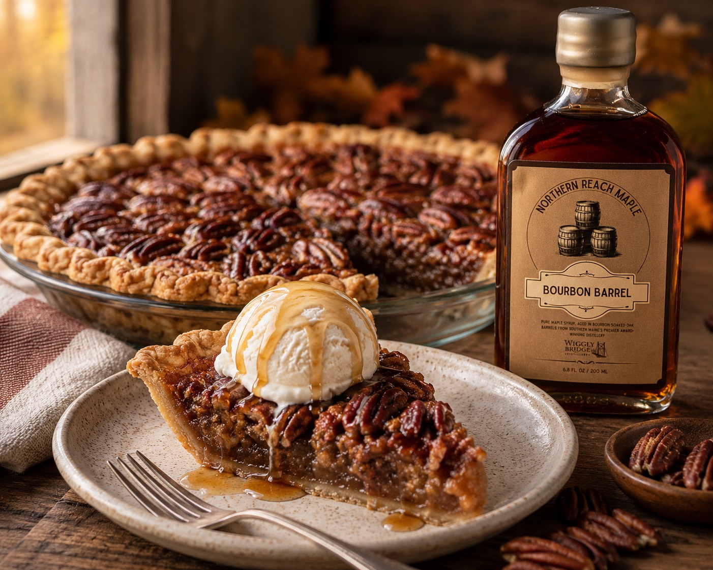 Bourbon Barrel Maple Pecan Pie pictured with ice cream on top and Northern Reach Maple Bourbon Barrel Aged Maple Syrup next to it.
