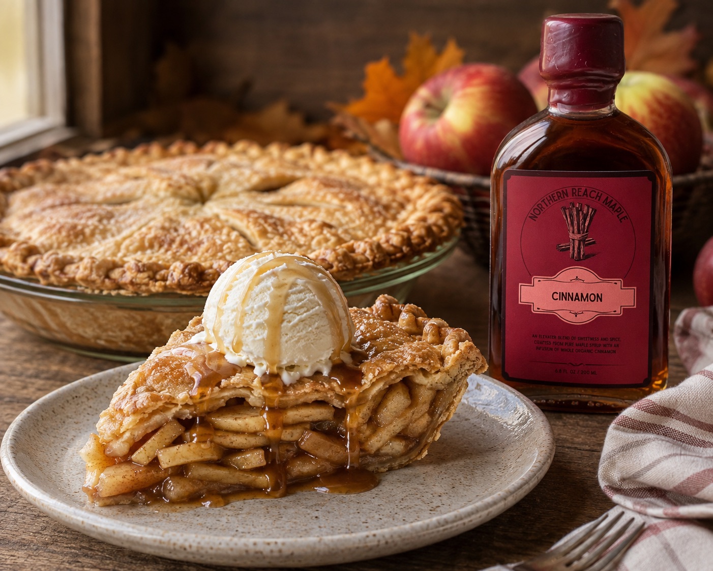 Cinnamon Maple Apple pie pictured with ice cream and Northern Reach Maple Cinnamon Infused Maple Syrup