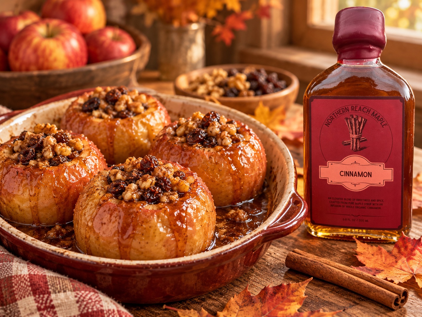 a plate of cinnamon maple baked apples with Northern Reach Maple Cinnamon Infused Maple Syrup beside it.